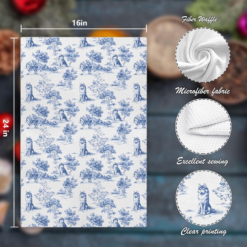 Nipil Chinoiserie Husky Dog Kitchen Towels,Blue and White Floral Botanical Husky Grandmillennial Weiner Dog Decorative Hand Towels for Kitchen Bathroom,16x24 Inch - Image 2